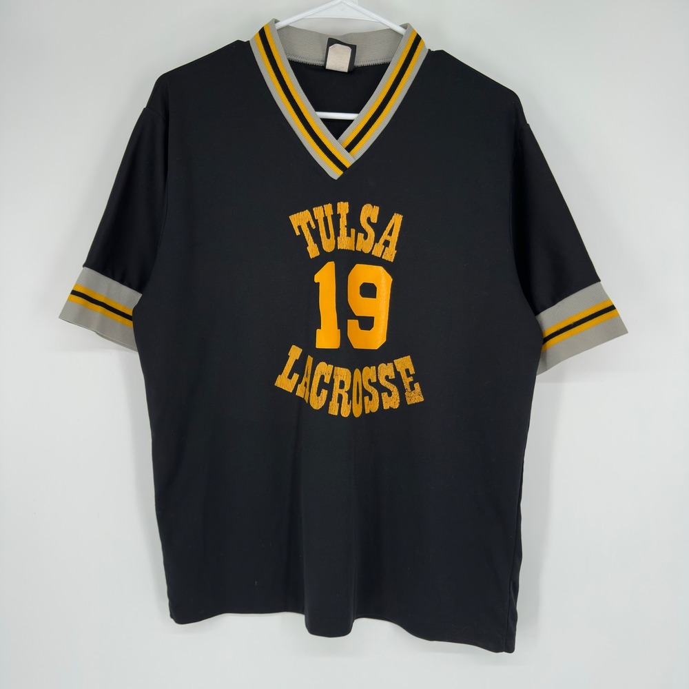 Vintage 80s Swingster Oklahoma Tulsa Lacrosse Jersey 19 Black Yellow V-Neck L